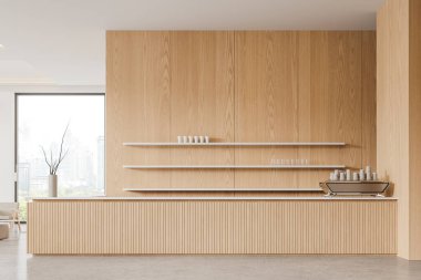 Ahşap barın içi tezgah ve kahve makinesiyle kaplı, rafta tabaklar ve beton zemin var. Minimalist kahve dükkanı ve gökdelenlerin panoramik penceresi. 3B görüntüleme