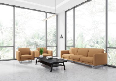 Oturma odasının iç tarafı kanepe ve iki koltuk, beton zemin süslemeli sade kahve masası. Tropik bölgelerde panoramik pencere. 3B görüntüleme