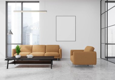 Beyaz lobi ofis içi bej kanepe ve koltuk, beton zeminli siyah kahve masası. Singapur gökdelenlerinin panoramik penceresi. Tuvalin posterini hazırla. 3B görüntüleme