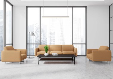 Şık bir ofis. Renkli kanepe ve koltuklar, toplantı ya da sehpa ile danışma alanı. Singapur gökdelenlerinin panoramik penceresi. 3B görüntüleme