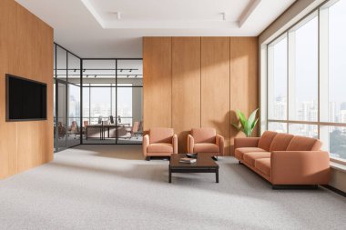 Kanepe, koltuk, sehpa ve televizyon ekranı olan ahşap ofis içi. Sıralardaki bilgisayarlarla ortak çalışma alanı. Singapur gökdelenlerinin panoramik penceresi. 3B görüntüleme