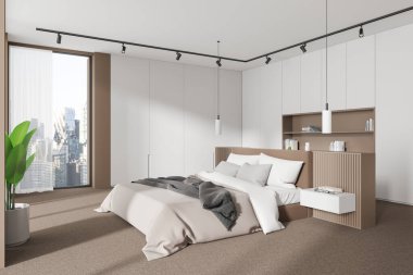 Geniş pencereli modern yatak odası şehir manzaralı, zarif mobilyalar, tarafsız tonlar ve rahat bir ortam. 3B Hazırlama.