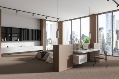 Bej ve beyaz yatak odasının köşesi yatak odası, oda ayırıcı ve dizüstü bilgisayarı ve sandalyesi olan çalışma masası. TV ekranı ve New York gökdelenlerinin panoramik penceresi. 3B görüntüleme
