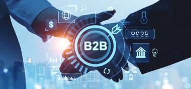 Mavi arka planda B2B metin ve dijital simgelerle iş tokalaşması. Ortaklık ve iş konsepti