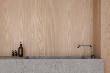 Modern banyo lavabosu gri taşlı, siyah musluklu ve sabunluklu. Ahşap duvar arka planı. Minimalist ve zarif banyo tasarımı kavramı. 3B Hazırlama.