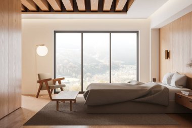 Minimalist otel odasının içinde yatak, koltuk ve bank var. Ahşap zemininde süslemeleri olan komodin. Kırsal kesimde panoramik pencereli bir uyku odası. 3B görüntüleme