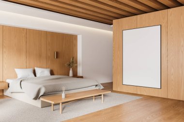 Otelin yatak odası manzarası iç yatak ve dekoratif komodin, halı ve ahşap döşeme tezgahı. Ahşap duvarda tuval posteri olan rahat bir uyku odası. 3B görüntüleme