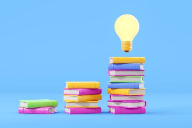Üstünde parlak bir ampul olan renkli kitap yığınları mavi arka plandaki bilgi ve fikirleri sembolize ediyor. Eğitim, öğrenme ve yenilik kavramı. 3B Hazırlama