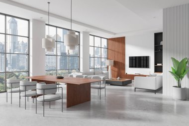 Oturma odası manzarası, yemek masası ve televizyon, dekorasyonlu çekmece ve beton döşemeli kanepe. Bangkok gökdelenlerinin panoramik penceresi. 3B görüntüleme