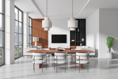 Modern yemek odası ve oturma odası geniş pencereli, minimalist dekorlu ve ahşap aksanlı. Parlak ve ferah bir iç mekan, şehir manzarası dışarıdan görülebiliyor. 3B Hazırlama