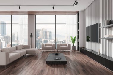 Konforlu bir oturma odası kanepe ve koltuklar, televizyon ekranı ve büfesi, süslemeli raflar. Kuala Lumpur 'da panoramik pencereli bir salon. 3B görüntüleme