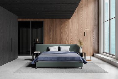 Yeşil yataklı, ahşap duvar aksanlı ve geniş pencereli modern bir yatak odası. Gri halısı ve altın lambası olan minimalist tasarım. Çağdaş yaşam. 3B Hazırlama.