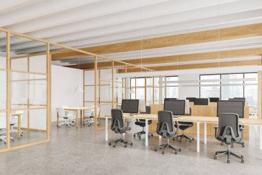 Eşzamanlı çalışma alanı olan beyaz ve ahşap ofis içi köşesi manzarası, sıralarda bilgisayar ve koltuklar. Cam konferans odası ve gökdelenlerin panoramik penceresi. 3B görüntüleme