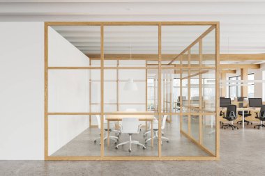 Çalışma alanı beyaz ve ahşap ofis içinde, bilgisayarları masalarda ve koltukları beton zeminde. Müzakere için cam toplantı odaları. Gökdelenlerin panoramik penceresi. 3B görüntüleme