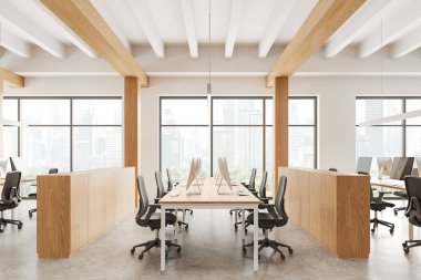 Koltukları ve bilgisayarları olan beyaz ve ahşap ofis içi sıralı masalar. Büfeyle minimalist ortak çalışma alanı. Bangkok gökdelenlerinin panoramik penceresi. 3B görüntüleme