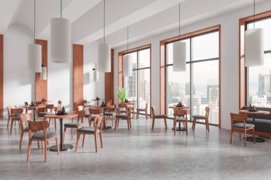 Ahşap mobilyaları ve büyük pencereleri olan boş, modern bir kafe. Şehir manzarasına bakıyor. Minimalist tasarım ve temiz çizgiler. 3B görüntüleme