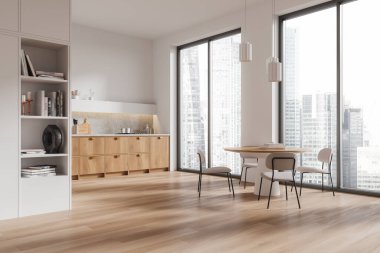 Ahşap dolapları, sandalyeli yemek masası ve şehir manzarası arka planını gösteren geniş pencereleri olan geniş modern mutfak. 3B Hazırlama