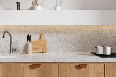 Şık bir ev mutfağı, lavabo, gaz ocağı, esrar ve minimalist mutfak gereçleri. Mutfak dolabı ve taş tezgah, bıçaklar ve kesme tahtasıyla. 3B görüntüleme