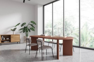 Beyaz ev oturma odasının köşesinde yemek masası ve sandalyeler beton zemin süslemeli çekmece. Tropik bölgelerde panoramik pencere. 3B görüntüleme