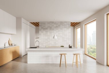 Bar tezgahı, oda ayırıcısı ve mutfak gereçleri olan bej ve ahşap ev mutfağı. Bangkok gökdelenlerinin panoramik penceresi. 3B görüntüleme