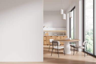 Ahşap dolaplı modern mutfak, masa ve sandalyeli yemek odası, büyük pencereler, parlak ve minimalist tasarım. 3B Hazırlama