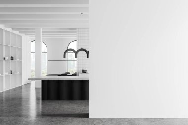 Bar adası ve dolabı olan beyaz ev mutfağı, fayans duvarı bölmesi ve yemek masası. Bangkok 'ta bulaşıkları ve panoramik pencereleri olan bir rafta. Boş duvar bölmesini düzenle. 3B görüntüleme