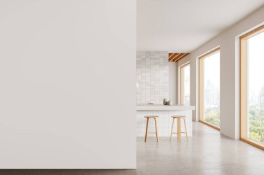 Bar adası ve koltukları olan şık bir mutfak. Tabaklarla dolu bir dolap. Havalı beyaz yemek alanı ve gökdelenlerin panoramik penceresi. Boş duvar bölmesini düzenle. 3B görüntüleme