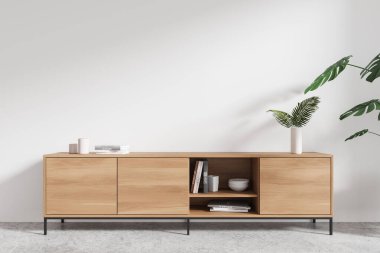 Ahşap çekmecesi ve beton zemini olan şık bir oturma odası. Minimalist sanat dekorasyonu ve boş alan. Ürün sergisini ya da tanıtımını düzenle. 3B görüntüleme