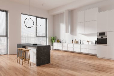 Beyaz ev mutfağının köşesindeki tezgah ve tabure. Mutfak gereçleri, lavabo ve kapüşonlu fırın. Gökdelenlerin panoramik penceresi. 3B görüntüleme