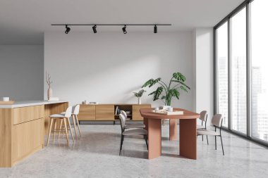 Ahşap mobilyaları ve geniş pencereleri olan şehir manzarasına bakan minimalist bir tasarımı olan modern yemek odası. İç tasarım konsepti. 3B Hazırlama