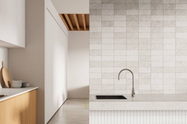 Modern ev mutfağı mutfak tezgahı ve lavabo, sobalı dolap rafları, mutfak gereçleri ve bulaşıklar. Duvarın kiremit bölmesi ve modern dairede yemek pişirme alanı. 3B görüntüleme