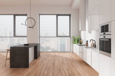 Beyaz ev mutfağının iç mekanı bar adası, koltuklar, ahşap zemin. Mutfak gereçleri, lavabo ve kapüşonlu fırın. Gökdelenlerin panoramik penceresi. 3B görüntüleme