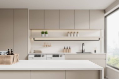 Ev ürünleri ve reklamlar için içi boş masalarla dolu şık bir çamaşırhane. Raflı çamaşır makineleri, gökdelenlerdeki panoramik pencereler bulanıklaştı. 3B görüntüleme