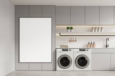 Açık gri ev çamaşırhanesi. Giysiler, aksesuarlar, çamaşır makineleri, beton zemin. Tuvalin maketi posteri. 3B görüntüleme