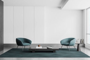 Beyaz oturma odasının içinde koltuklar ve kahve masası, beton zeminde halı. Dekorasyonlu rahatlama alanı. Gökdelenlerin panoramik penceresi. 3B görüntüleme