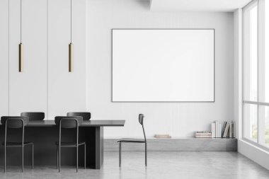 Beyaz oturma odasının içinde siyah yemek masası ve sandalyeler gri beton zeminde kitaplarla dolu taş bir raf. Gökdelenlerin panoramik penceresi. Boş tahtayı kurgula. 3B görüntüleme