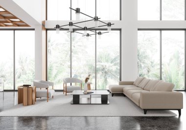 Beyaz oturma odasının içinde kanepe ve iki koltuk, halıda sanat süsleri olan kahve masası, beton zemin. Tropik bölgelerde panoramik pencere. 3B görüntüleme