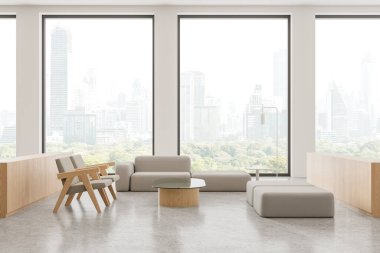 Modern kafe lobisi. Koltukları ve koltuğu var. Beton zeminde, cam sehpası ve çekmecesi var. Bangkok gökdelenlerinin panoramik penceresi. 3B görüntüleme