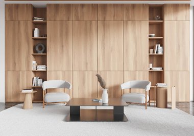 İki koltuk ve sehpası ve beton zeminde halısı olan şık bir oturma odası. Minimalist mobilyalarla toplantı alanı ve dekorasyonlu raf. 3B görüntüleme