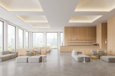 Modüler kanepesi ve koltuğu olan ahşap bir kafeterya, parlak beton zemin. Açık uzay lobisi, bar tezgahı ve tabak dolu raflar. Gökdelenlerin panoramik penceresi. 3B görüntüleme