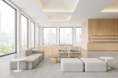 Ahşap kafeteryanın içinde modüler kanepe ve koltuklar, beton zeminde cam sehpa. Bar tezgahı ve bulaşık rafı. Bangkok gökdelenlerinin panoramik penceresi. 3B görüntüleme