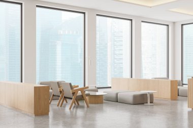 Lobide, beton zeminde koltuk, cam sehpa ve çekmeceleri olan bir kafe manzarası. Singapur gökdelenlerinin panoramik penceresi. 3B görüntüleme