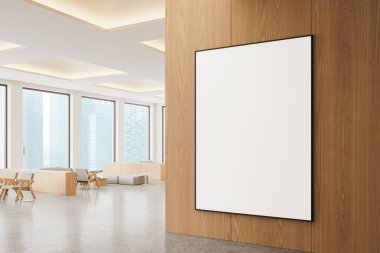 Otel lobisinin köşesinde kanepe, koltuk, cam masa ve çekmeceler var. Singapur gökdelenlerinin panoramik penceresi. Bölümdeki tuval posterini taklit et. 3B görüntüleme