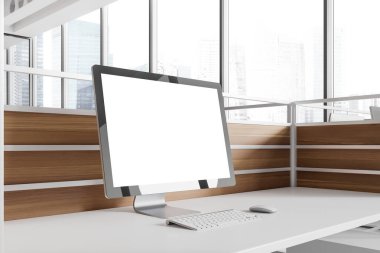 Ofis içi içi içi boş bilgisayar görüntüsü, kenar görünümü eşzamanlı çalışma alanı tablo ve bölücü, gökdelenler üzerine panoramik pencere. Web sitesi, pazarlama ya da iş ilanı. 3B görüntüleme