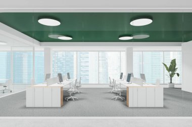Beyaz ve yeşil ofis içi bilgisayar masalarında bölme, yerde halı. Cam ekip, Singapur 'daki panoramik pencere ile birlikte çalışıyor. 3B görüntüleme