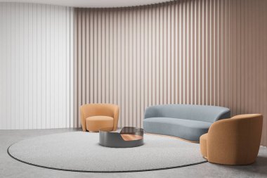 Modern minimalist oturma odası, şık turuncu sandalyeler ve beyaz halıda mavi bir kanepe, bej bir arka plan üzerine kurulmuş. 3B Hazırlama