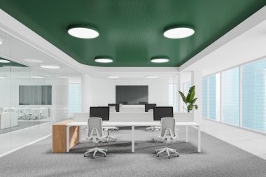 Birlikte çalışma ve cam konferans odası olan yeşil ve beyaz iç mekan, sıralarda bilgisayar ve koltuklar. Singapur gökdelenlerinin panoramik penceresi. 3B görüntüleme