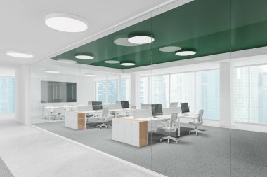 Eş zamanlı çalışma ve cam toplantı odası olan beyaz iş dünyasının köşesi görünümü, sıralardaki bilgisayar ve koltuklar. Singapur gökdelenlerinin panoramik penceresi. 3B görüntüleme