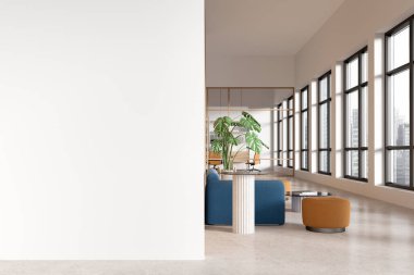 Solunda büyük beyaz bir duvar bulunan modern bir ofis iç mimarisi, mobilyalı ve geniş pencereli açık oturma alanı. Tasarım için maket. 3B Hazırlama.