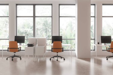 Modern turuncu sandalyeli ve yeşil manzaraya bakan geniş pencereli bir ofis. Minimalist tasarım, parlak ve havadar atmosfer, ortak çalışma alanı kavramı. 3B Hazırlama